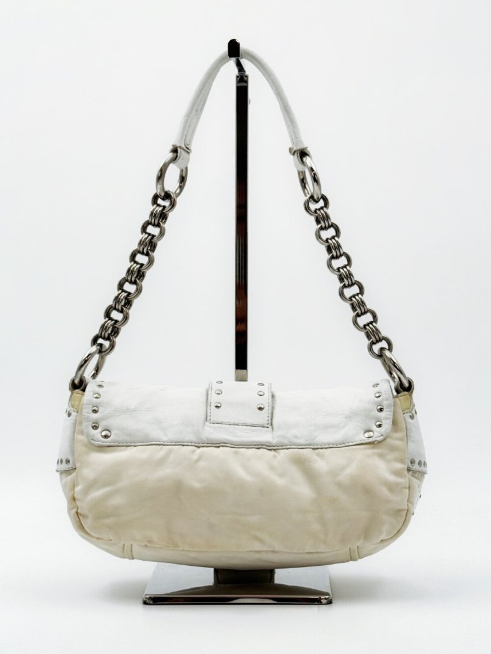 Prada White Leather Studded Chain Shoulder Bag Vintage Y2K Buckle Flap - Picture 2 of 12